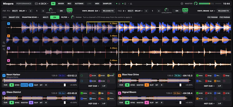 Mixqora on a Mac: four decks with waveforms, hot cues and effects