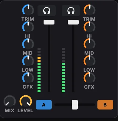 Mixqora mixer with trim, EQ, colour FX and crossfader