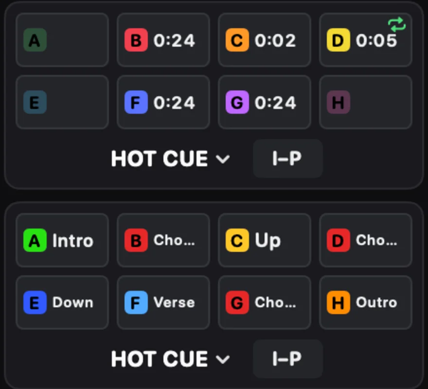 Hot cue pads A to H with times and names